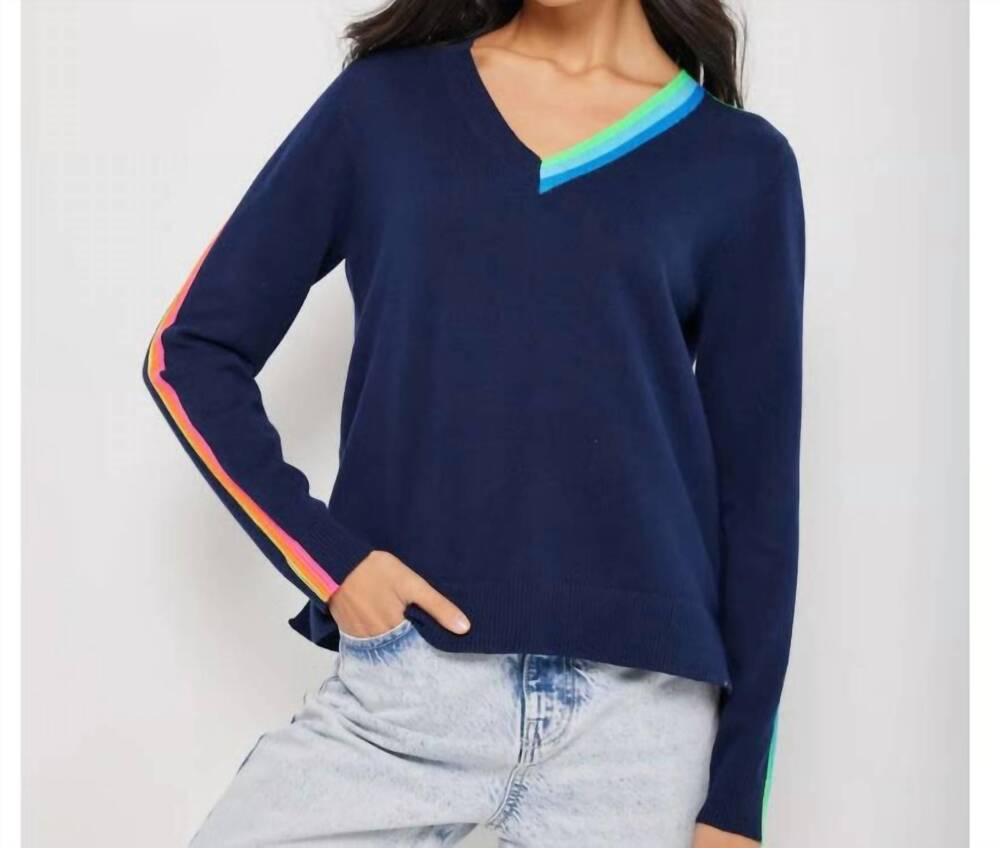 NEW LISA TODD multi v-neck long sleeve sweater in navy